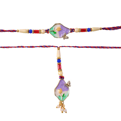Purple Floral Kundan Bhaiya Bhabhi Lumba Rakhi