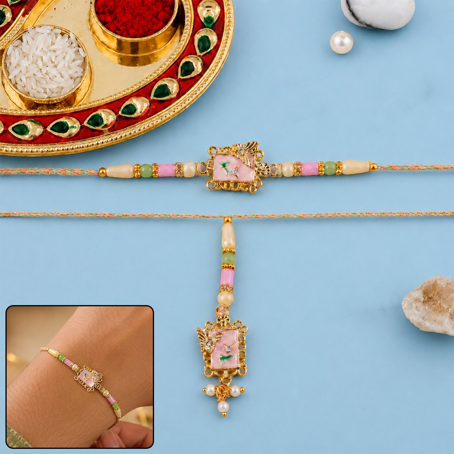 Pink Floral Kundan Bhaiya Bhabhi Lumba Rakhi with Pearls