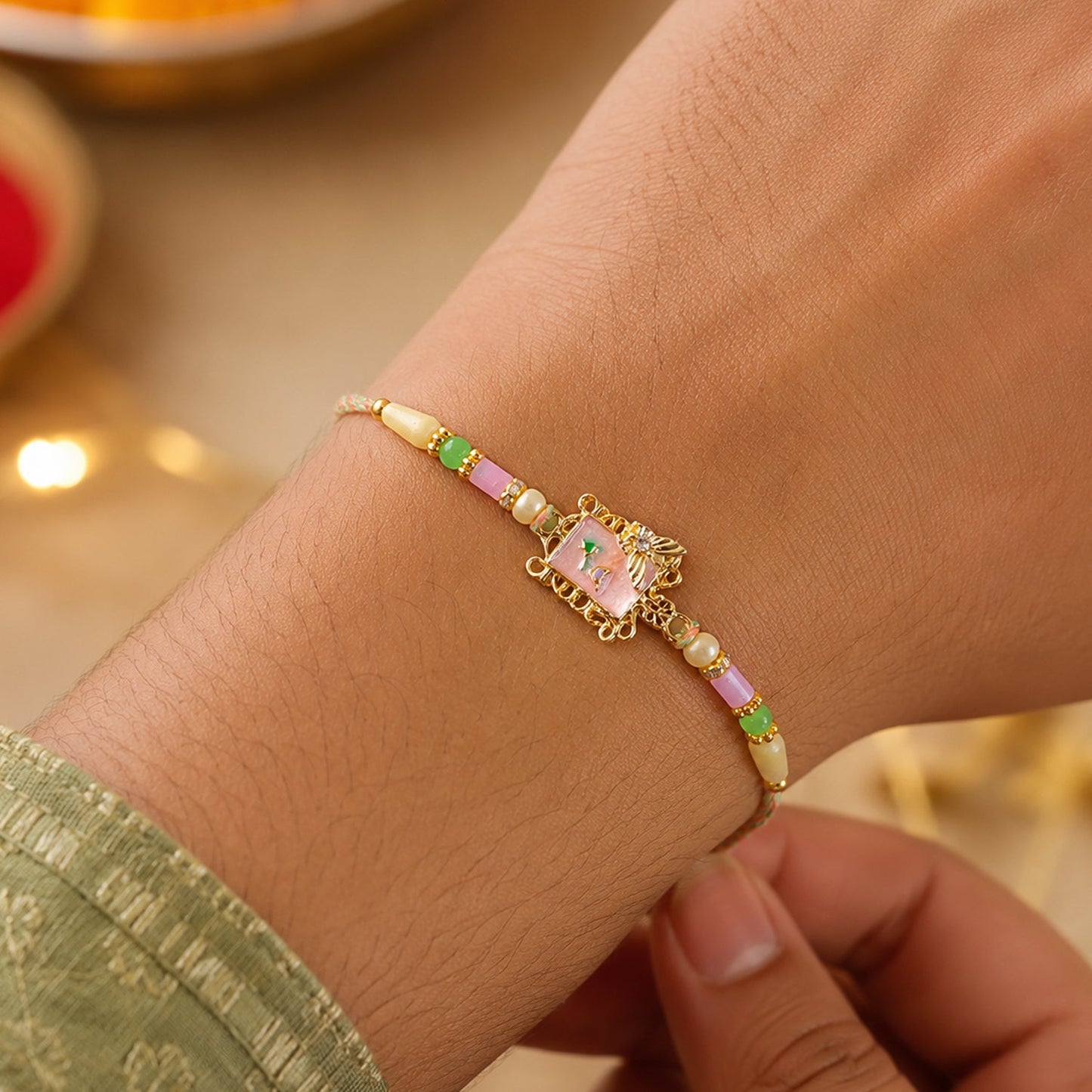 Pink Floral Kundan Bhaiya Bhabhi Lumba Rakhi with Pearls