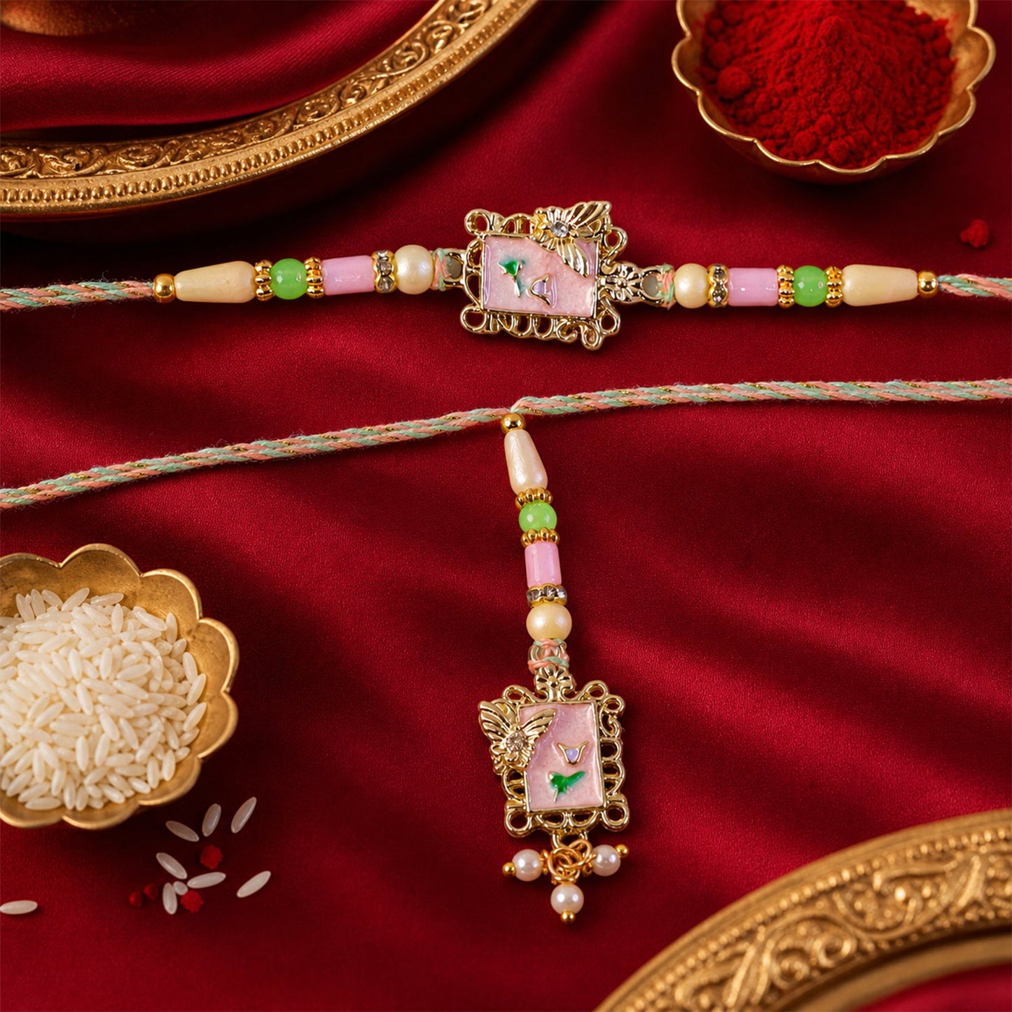 Pink Floral Kundan Bhaiya Bhabhi Lumba Rakhi with Pearls