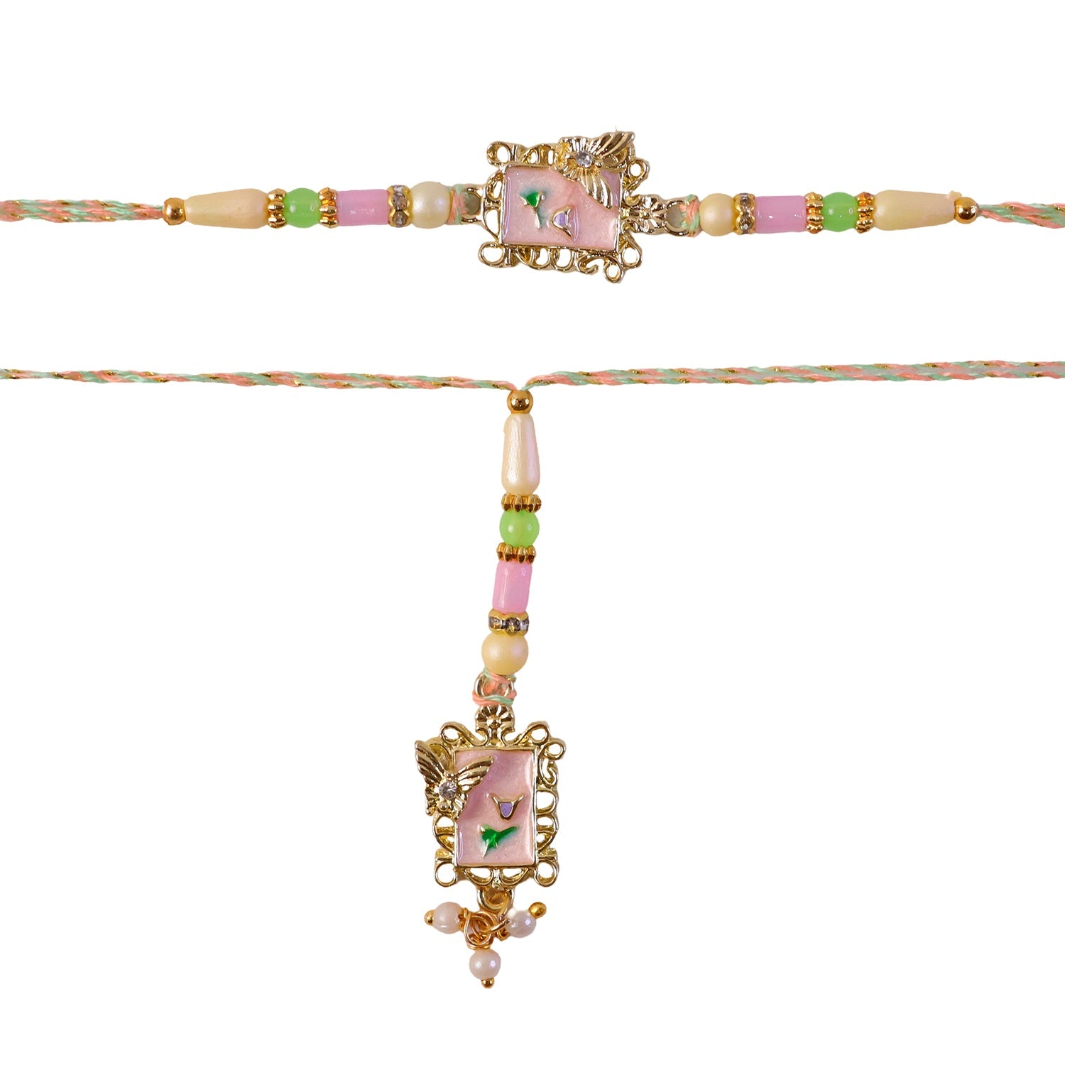 Pink Floral Kundan Bhaiya Bhabhi Lumba Rakhi with Pearls