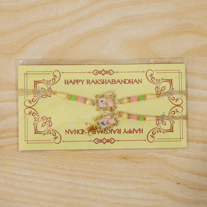 Pink Floral Kundan Bhaiya Bhabhi Lumba Rakhi with Pearls