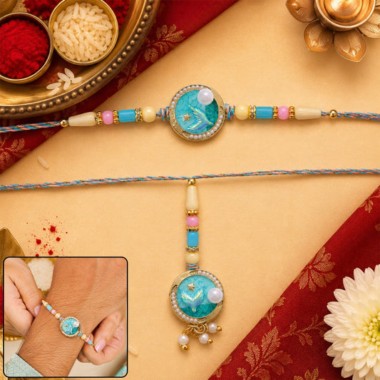Blue Floral Kundan Bhaiya Bhabhi Lumba Rakhi with Pearls