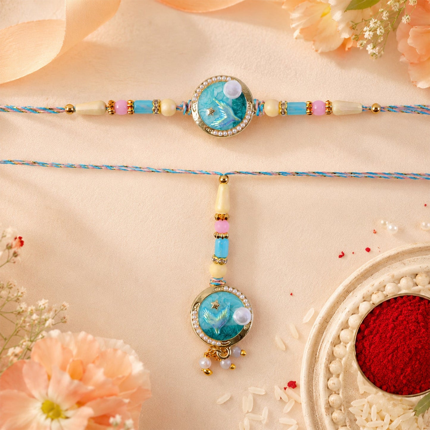Blue Floral Kundan Bhaiya Bhabhi Lumba Rakhi with Pearls