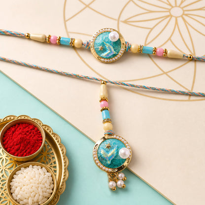 Blue Floral Kundan Bhaiya Bhabhi Lumba Rakhi with Pearls