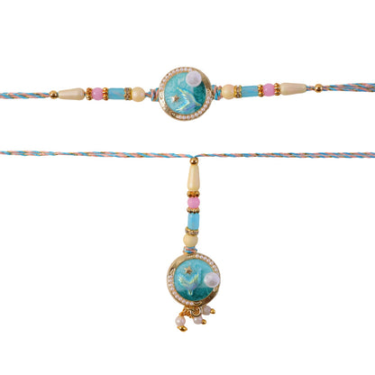 Blue Floral Kundan Bhaiya Bhabhi Lumba Rakhi with Pearls