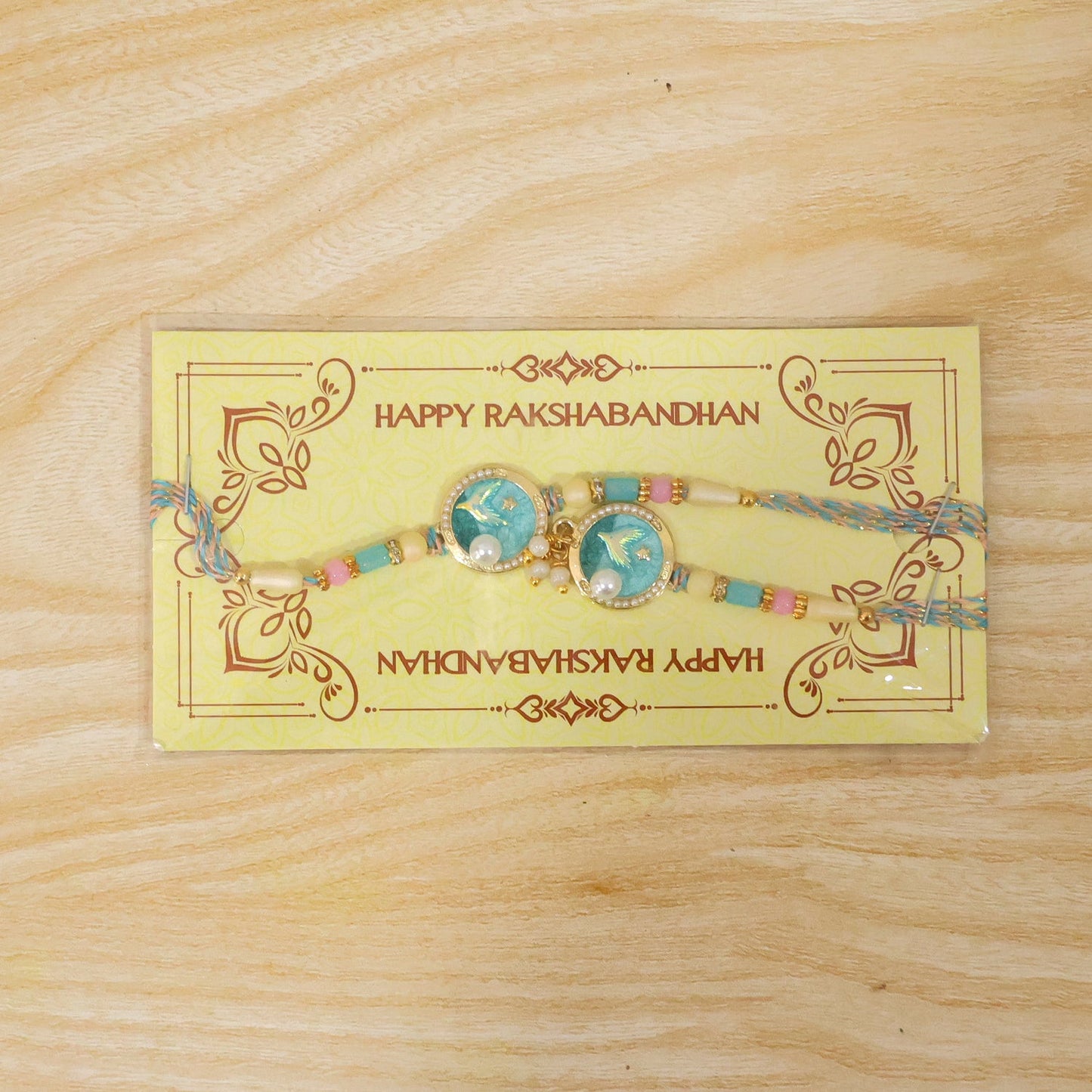 Blue Floral Kundan Bhaiya Bhabhi Lumba Rakhi with Pearls
