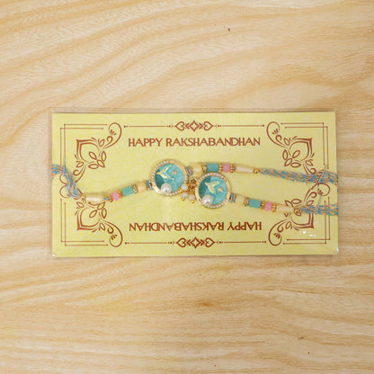 Blue Floral Kundan Bhaiya Bhabhi Lumba Rakhi with Pearls