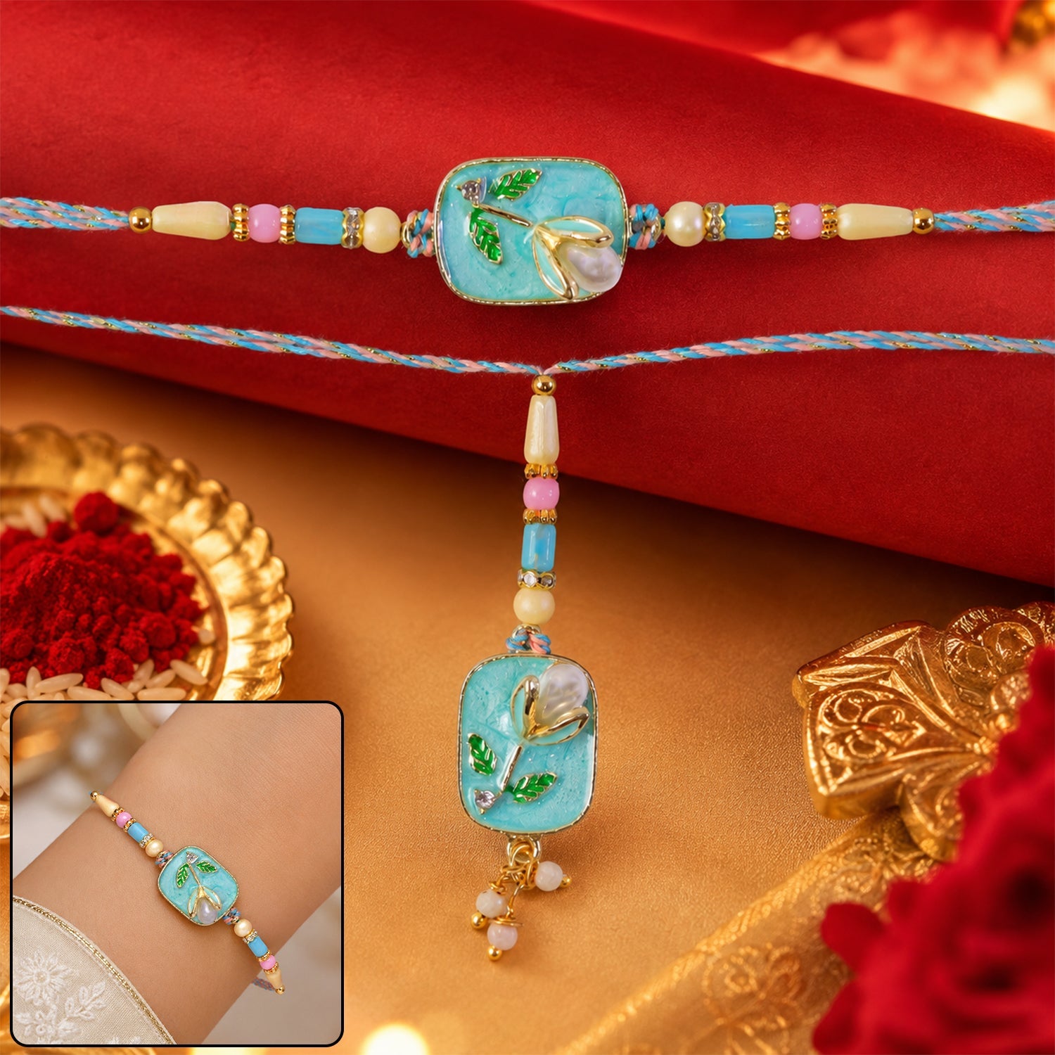Teal Stone Bhaiya Bhabhi Lumba Rakhi with Pearl