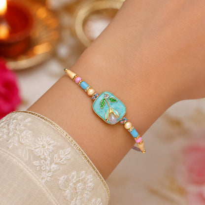 Teal Stone Bhaiya Bhabhi Lumba Rakhi with Pearl
