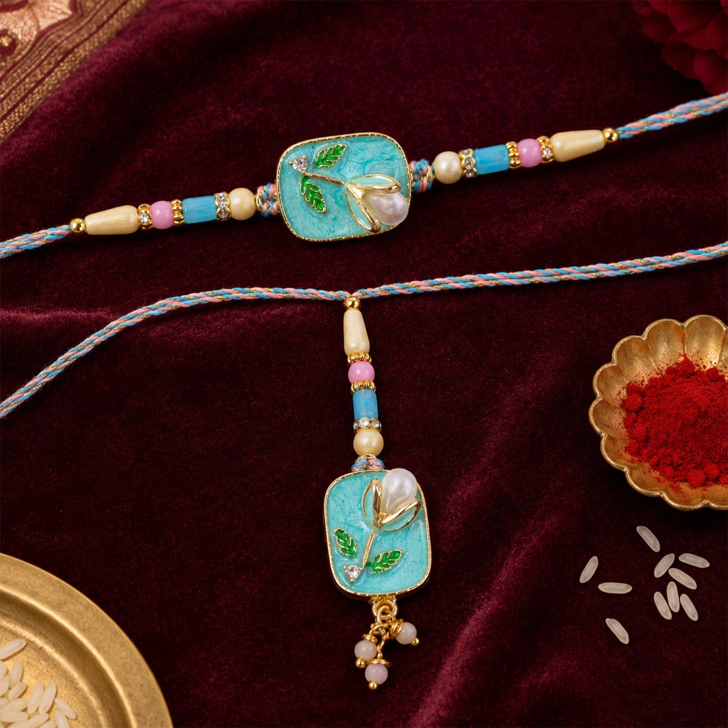 Teal Stone Bhaiya Bhabhi Lumba Rakhi with Pearl