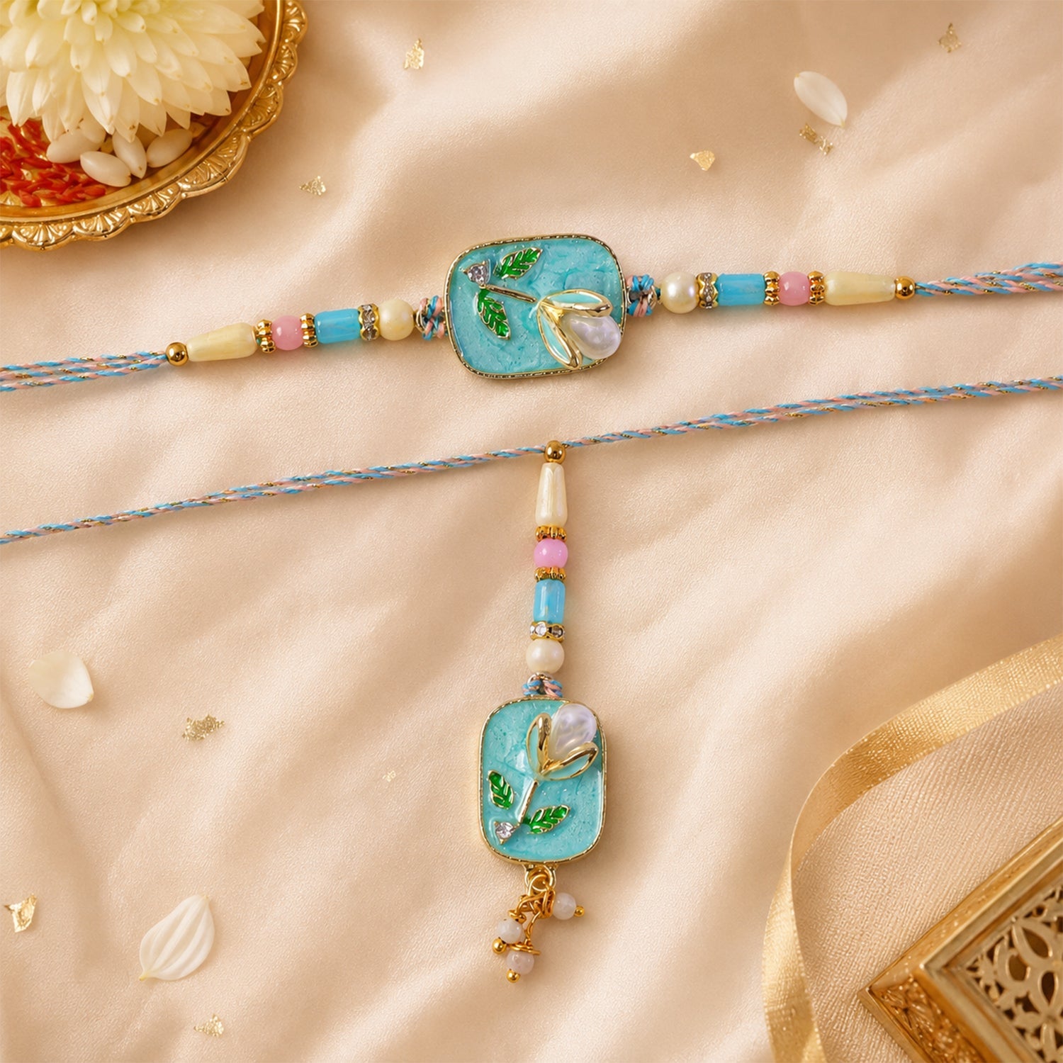 Teal Stone Bhaiya Bhabhi Lumba Rakhi with Pearl