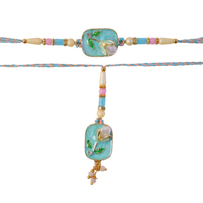 Teal Stone Bhaiya Bhabhi Lumba Rakhi with Pearl