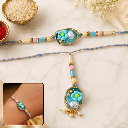 Aqua Floral Bhaiya Bhabhi Lumba Rakhi with Pearl