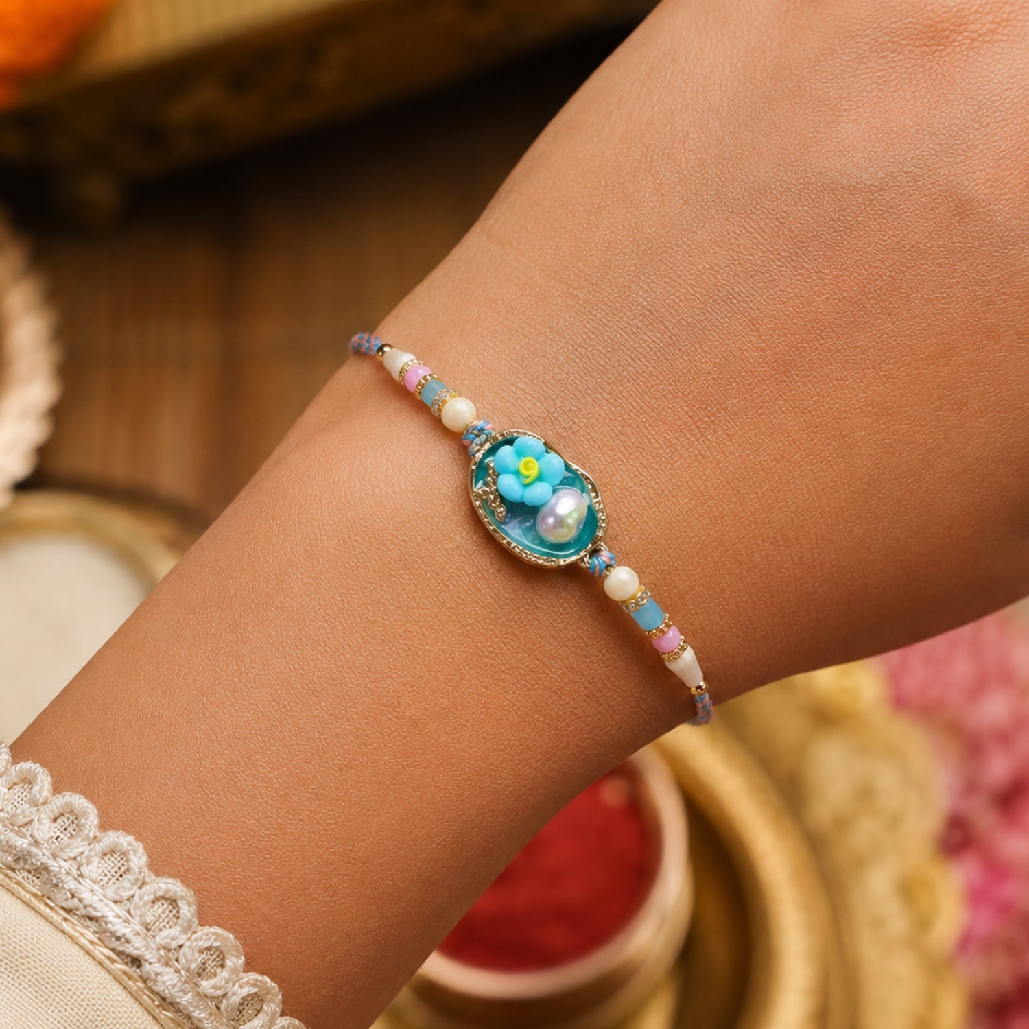 Aqua Floral Bhaiya Bhabhi Lumba Rakhi with Pearl