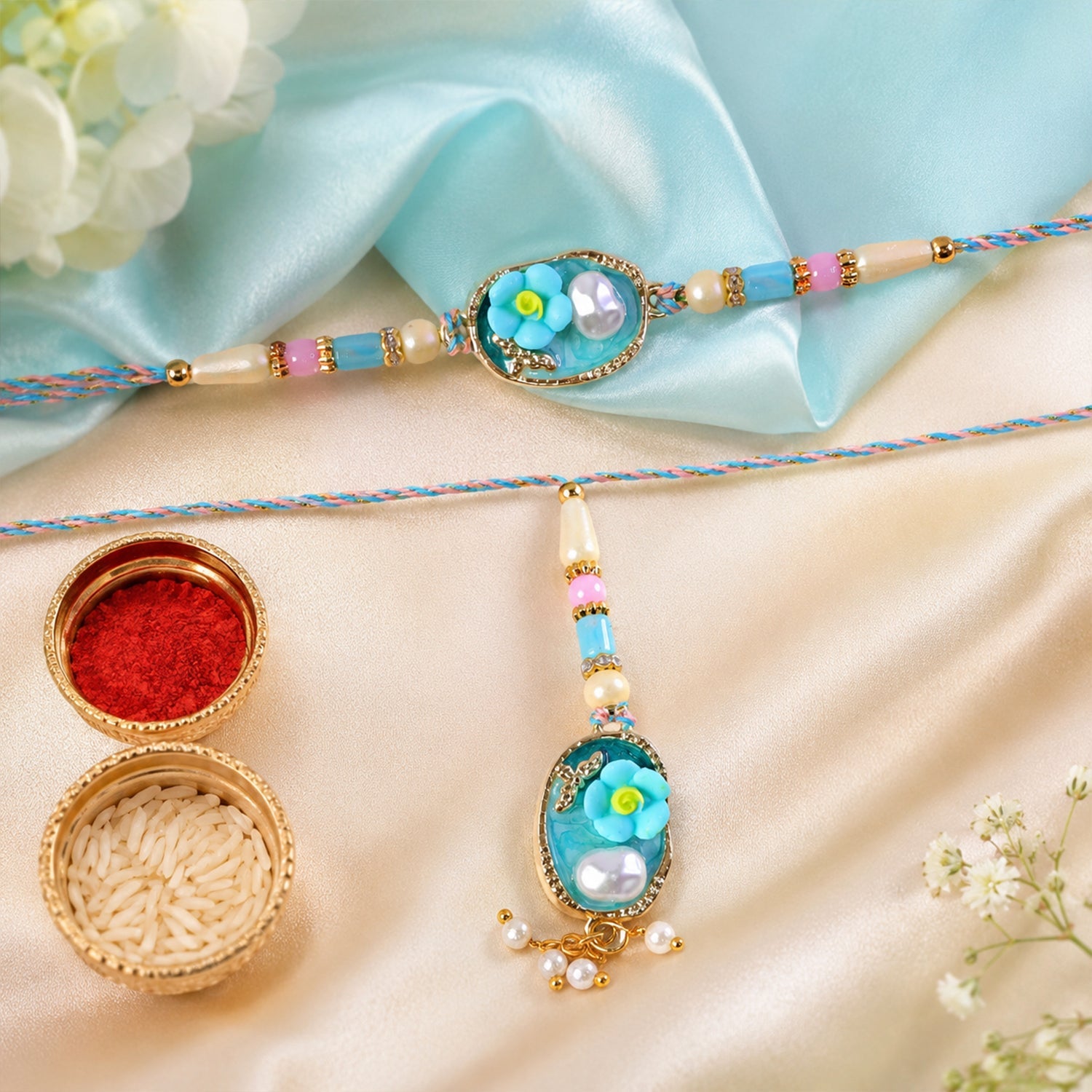 Aqua Floral Bhaiya Bhabhi Lumba Rakhi with Pearl