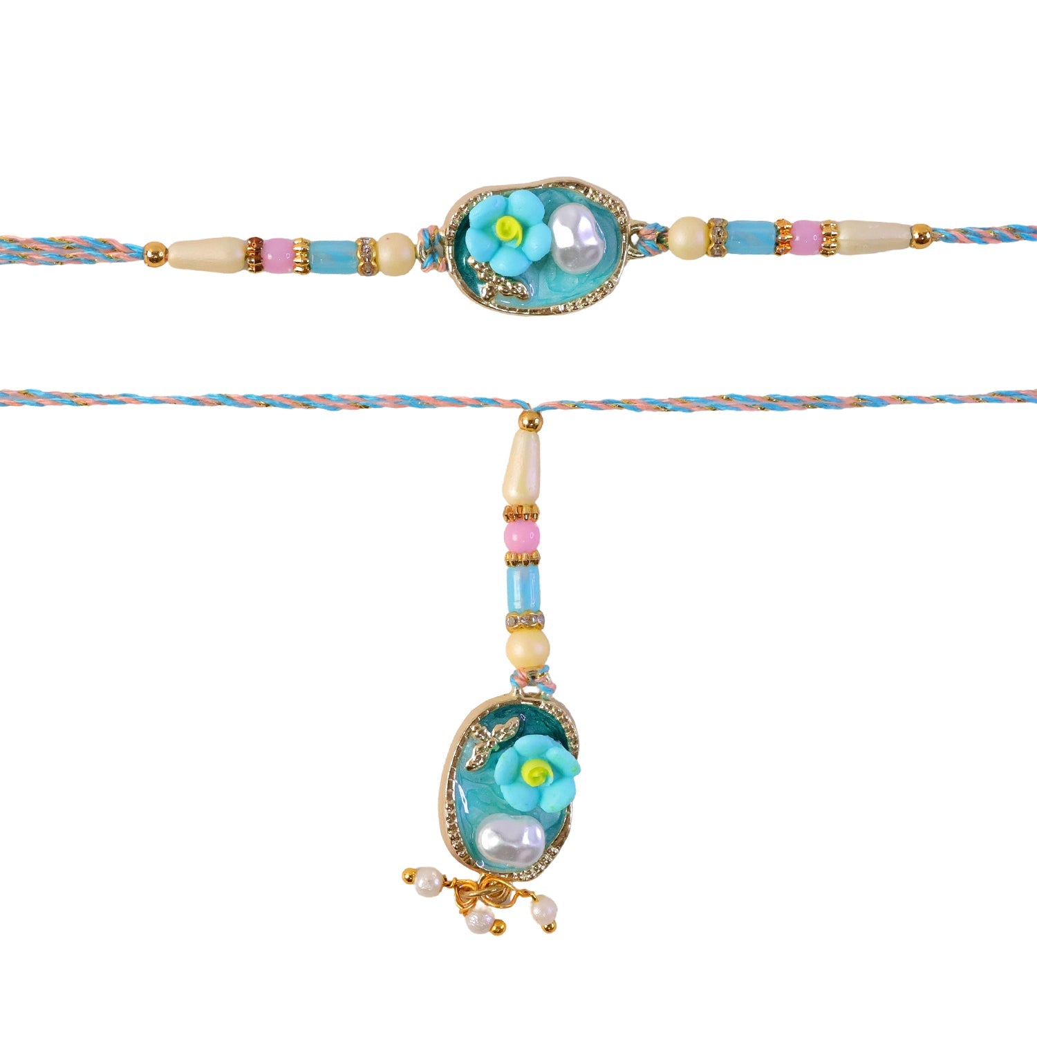 Aqua Floral Bhaiya Bhabhi Lumba Rakhi with Pearl
