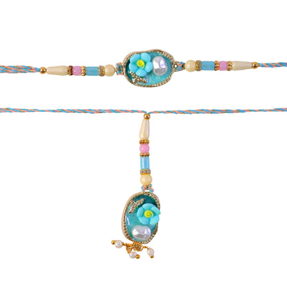 Aqua Floral Bhaiya Bhabhi Lumba Rakhi with Pearl