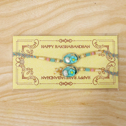 Aqua Floral Bhaiya Bhabhi Lumba Rakhi with Pearl