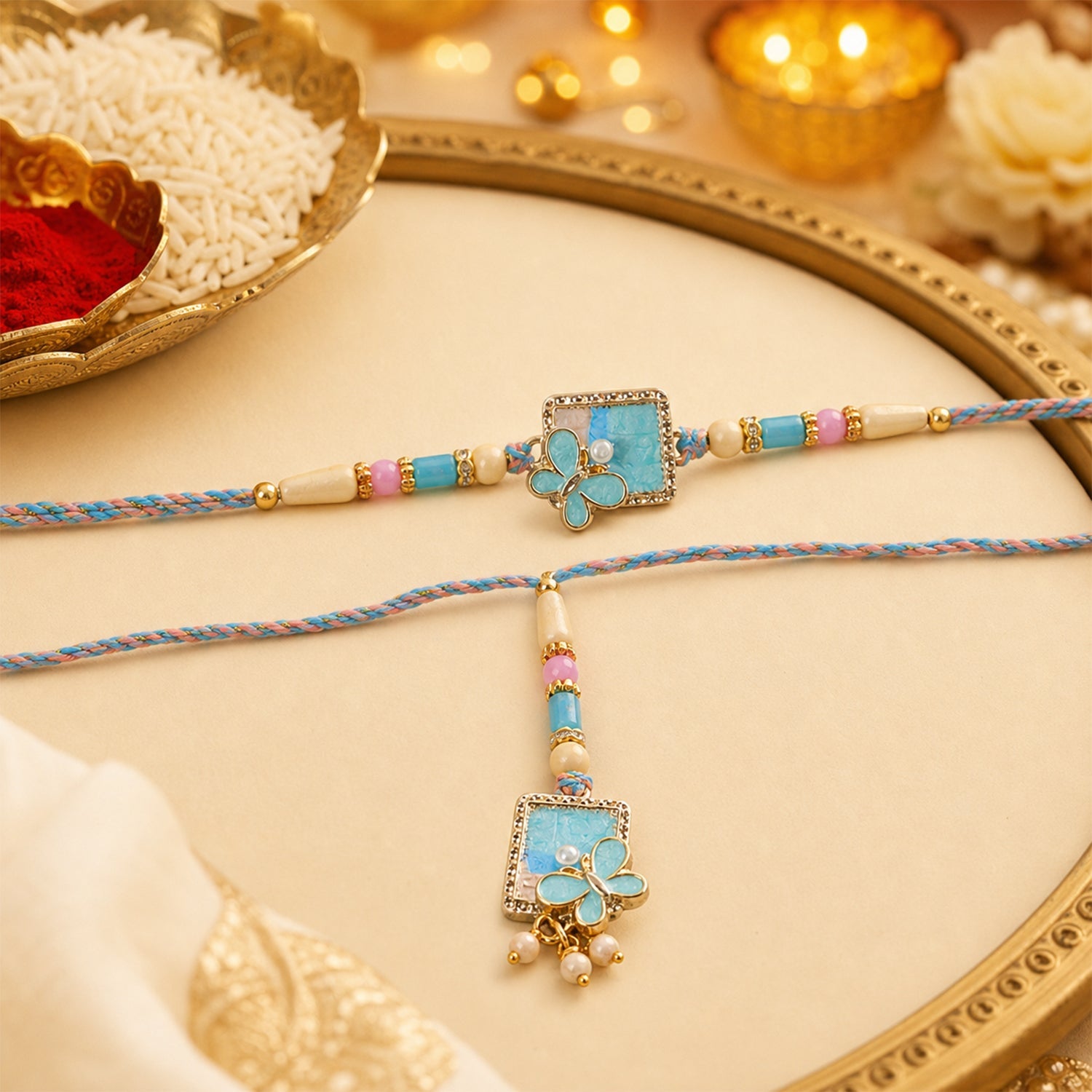 Turquoise Floral Bhaiya Bhabhi Lumba Rakhi with Pearls