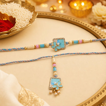 Turquoise Floral Bhaiya Bhabhi Lumba Rakhi with Pearls