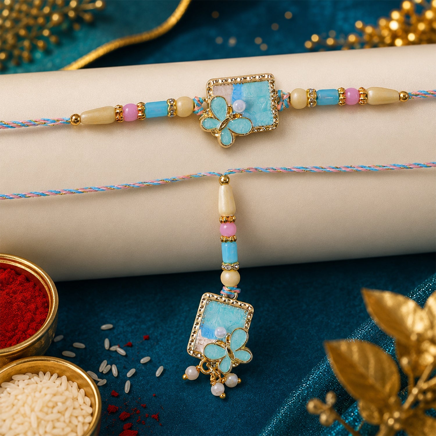 Turquoise Floral Bhaiya Bhabhi Lumba Rakhi with Pearls