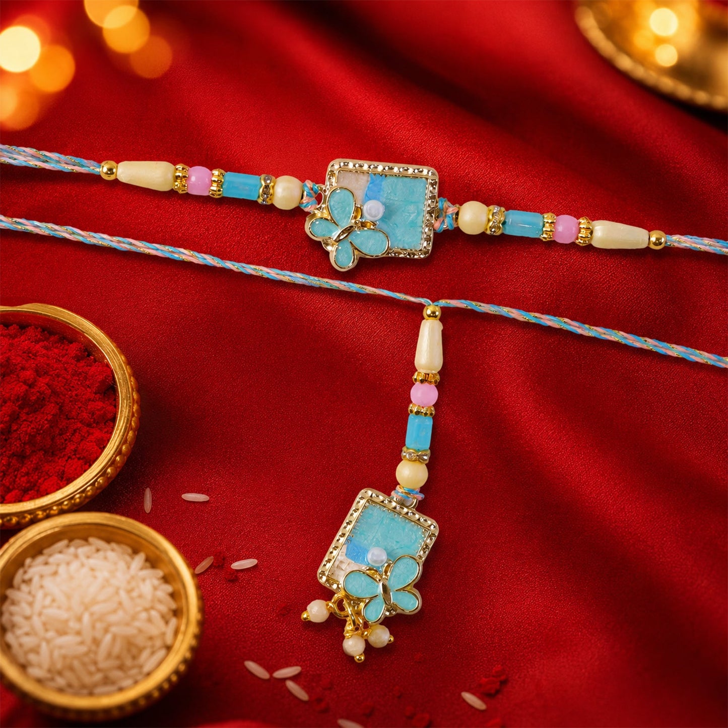Turquoise Floral Bhaiya Bhabhi Lumba Rakhi with Pearls