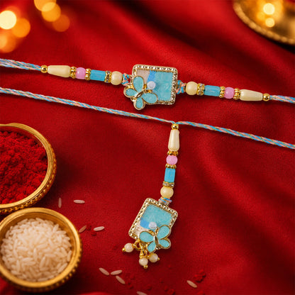 Turquoise Floral Bhaiya Bhabhi Lumba Rakhi with Pearls