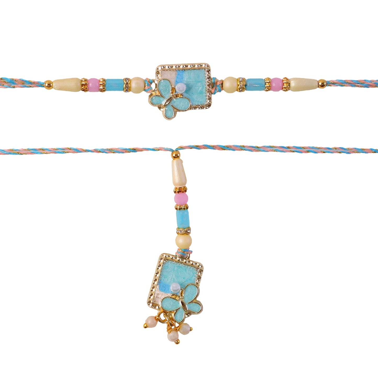 Turquoise Floral Bhaiya Bhabhi Lumba Rakhi with Pearls