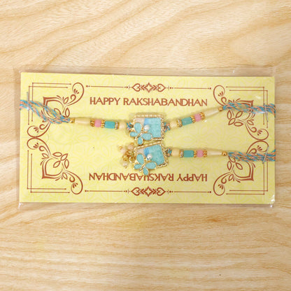 Turquoise Floral Bhaiya Bhabhi Lumba Rakhi with Pearls