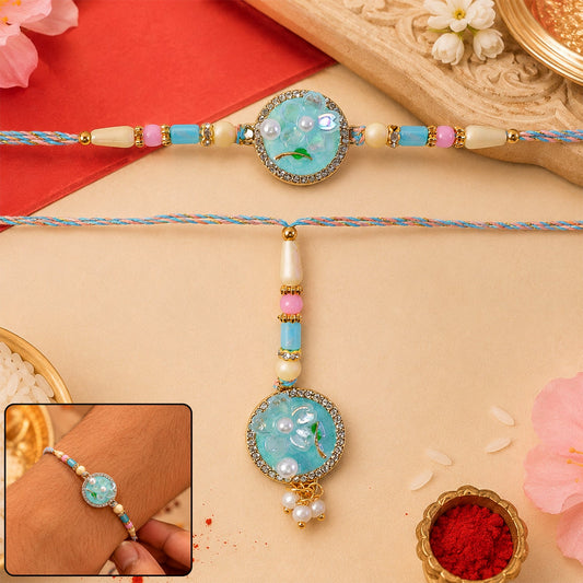 Teal Floral Bhaiya Bhabhi Lumba Rakhi with Pearl Drops