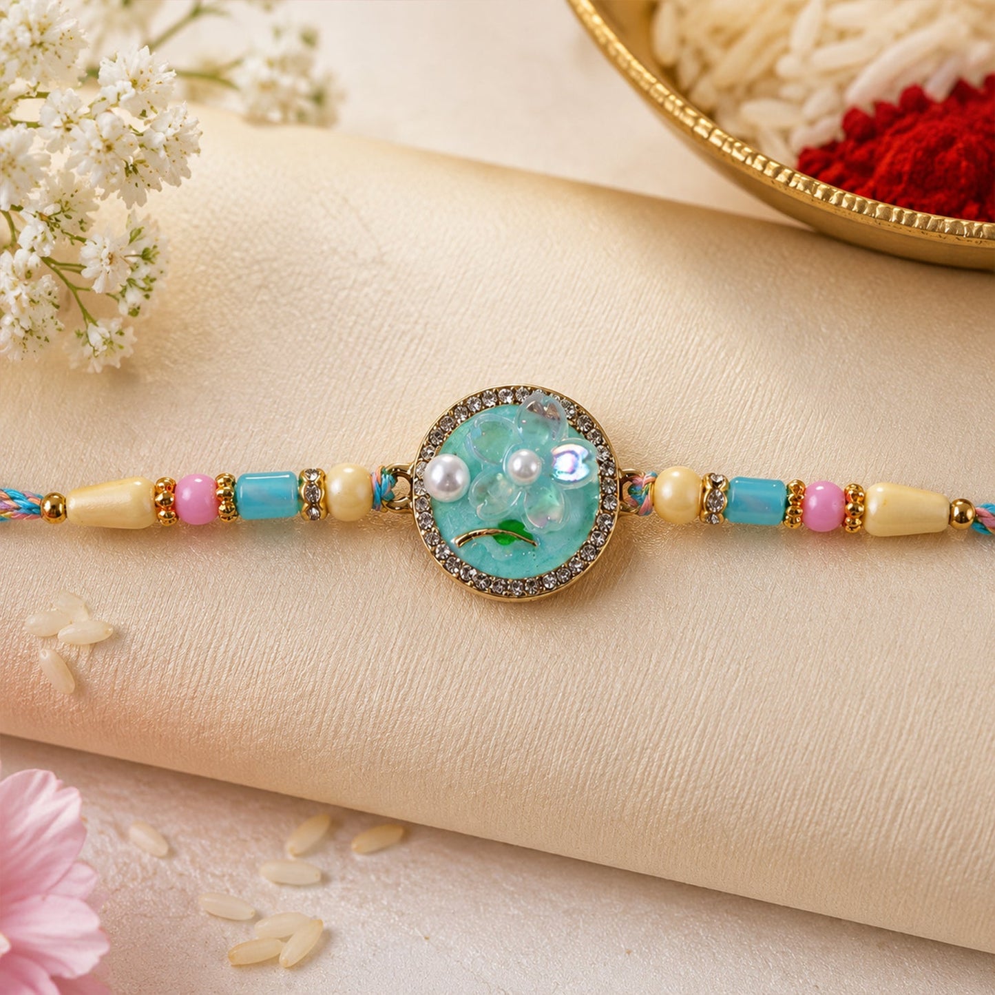 Teal Floral Bhaiya Bhabhi Lumba Rakhi with Pearl Drops