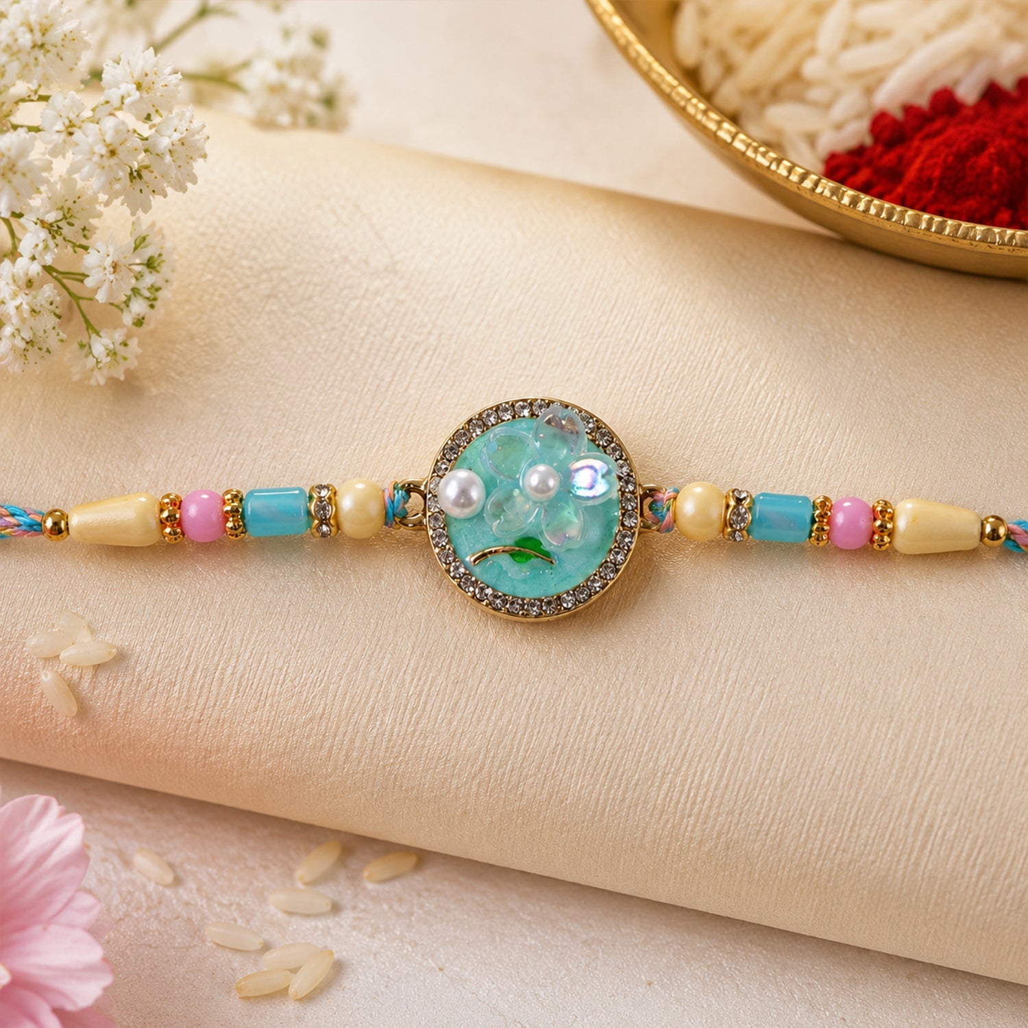 Teal Floral Bhaiya Bhabhi Lumba Rakhi with Pearl Drops