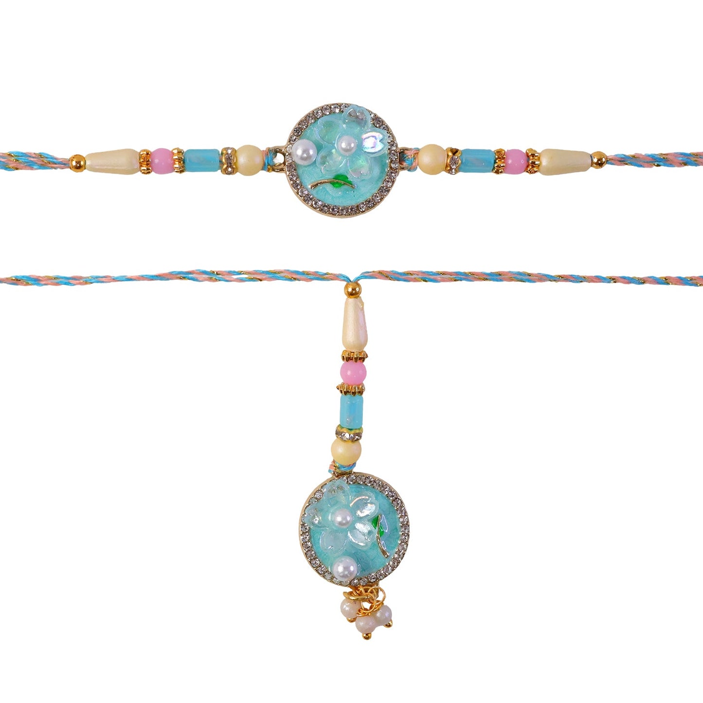 Teal Floral Bhaiya Bhabhi Lumba Rakhi with Pearl Drops
