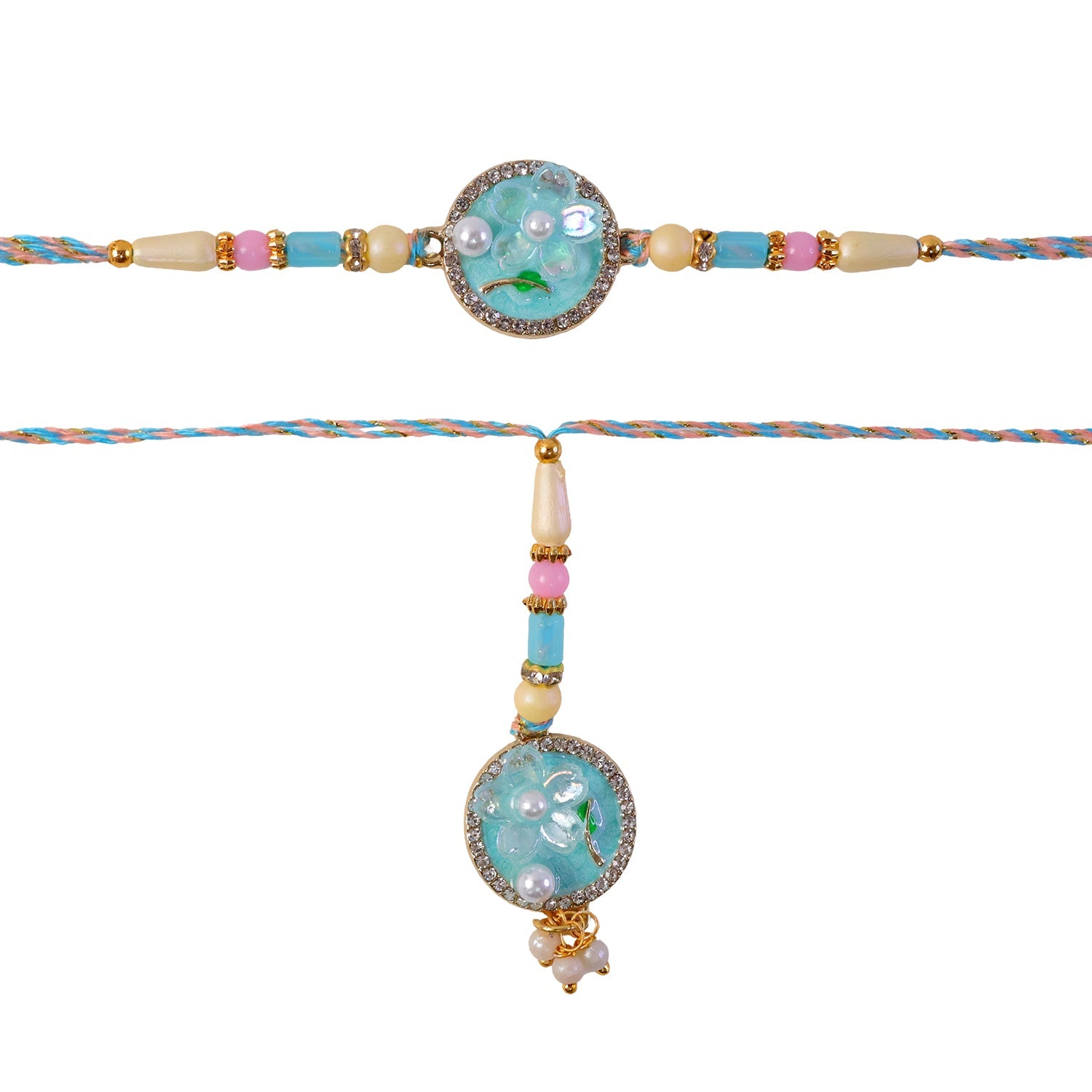 Teal Floral Bhaiya Bhabhi Lumba Rakhi with Pearl Drops