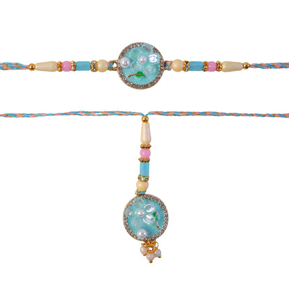 Teal Floral Bhaiya Bhabhi Lumba Rakhi with Pearl Drops