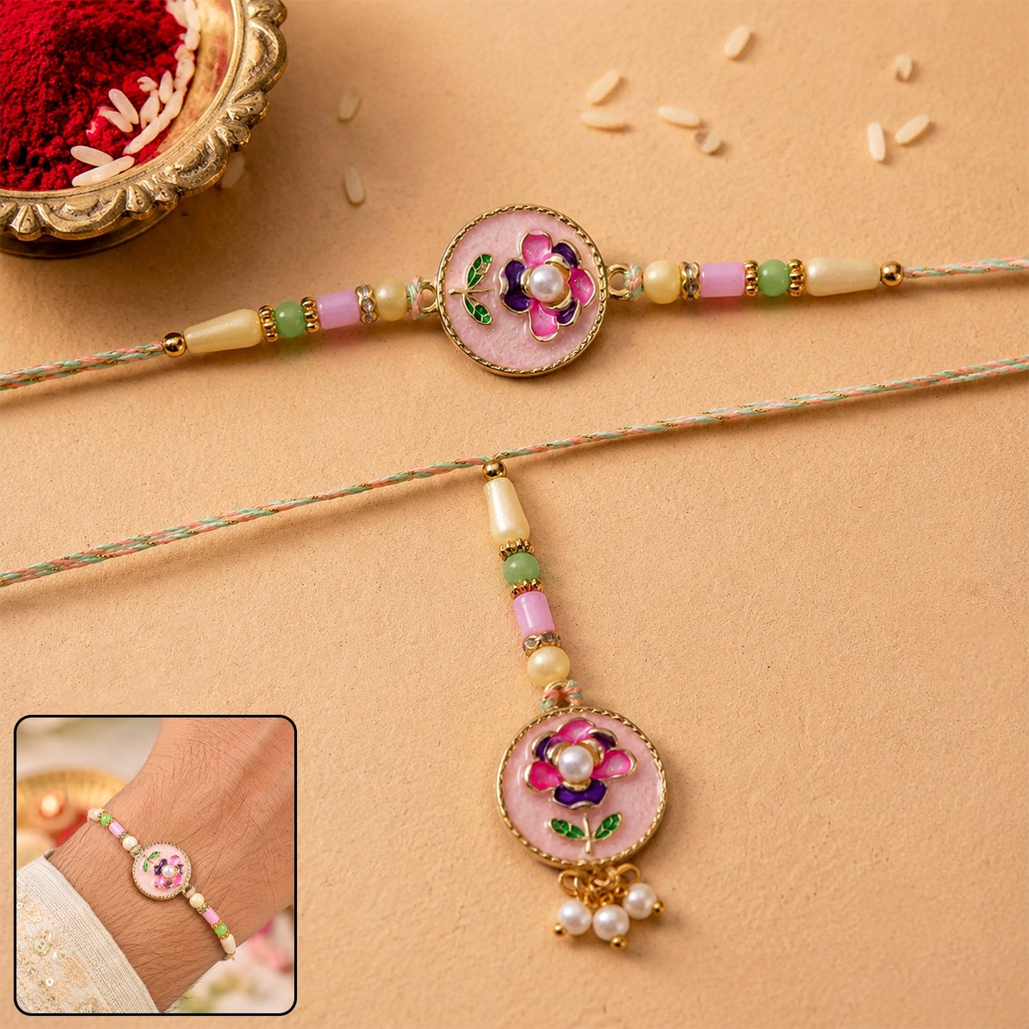Pink Floral Kundan Bhaiya Bhabhi Lumba Rakhi with Pearls