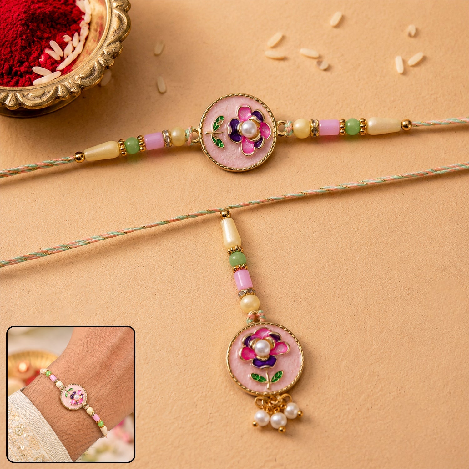 Pink Floral Kundan Bhaiya Bhabhi Lumba Rakhi with Pearls