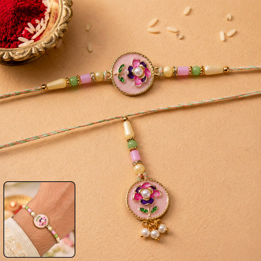 Pink Floral Kundan Bhaiya Bhabhi Lumba Rakhi with Pearls