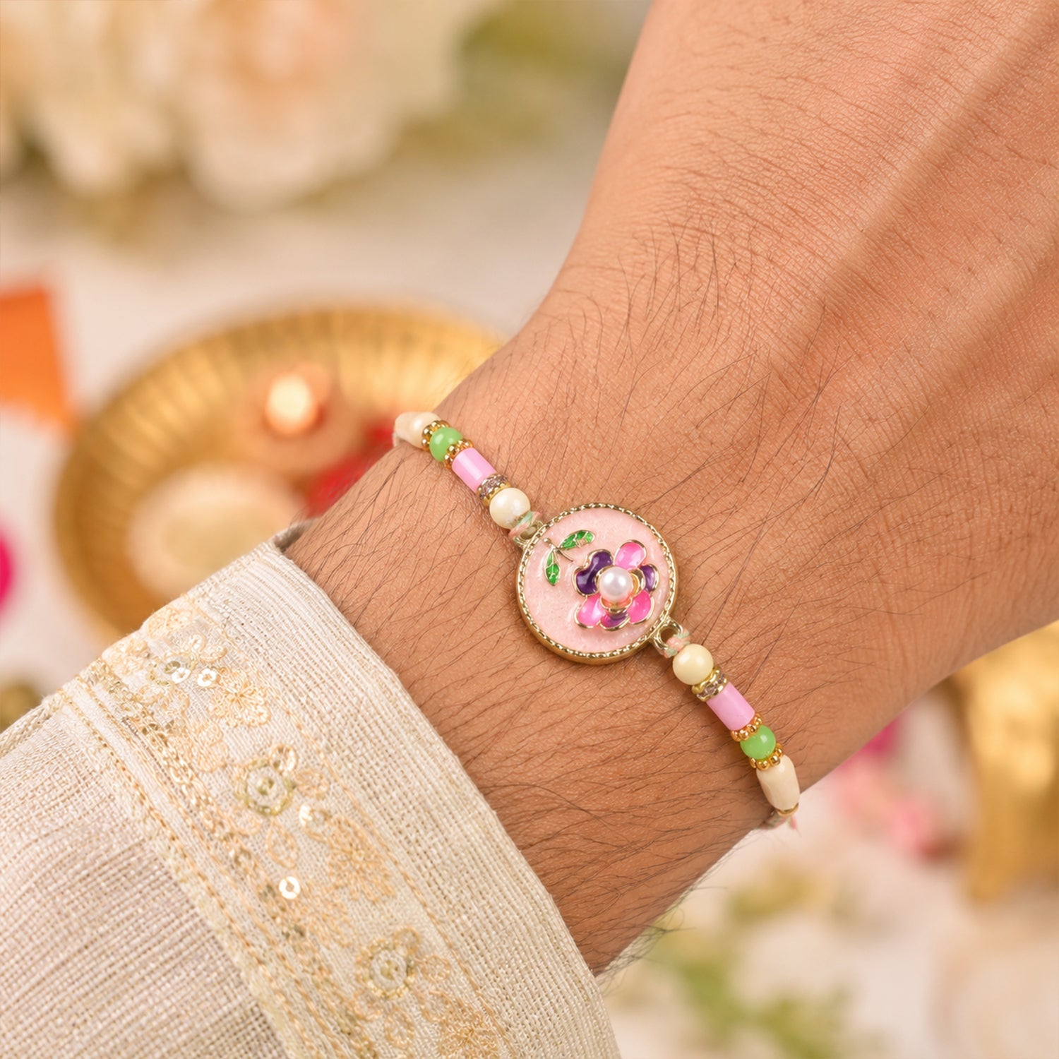 Pink Floral Kundan Bhaiya Bhabhi Lumba Rakhi with Pearls