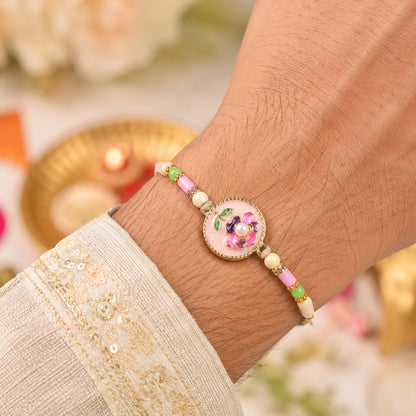 Pink Floral Kundan Bhaiya Bhabhi Lumba Rakhi with Pearls