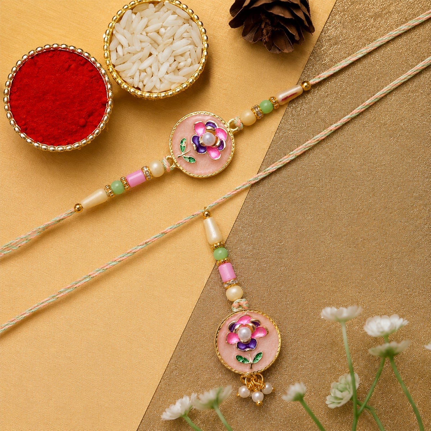 Pink Floral Kundan Bhaiya Bhabhi Lumba Rakhi with Pearls