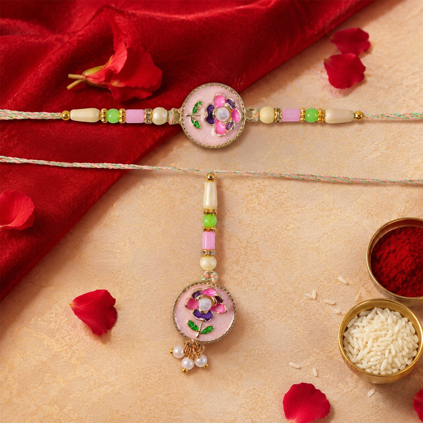 Pink Floral Kundan Bhaiya Bhabhi Lumba Rakhi with Pearls