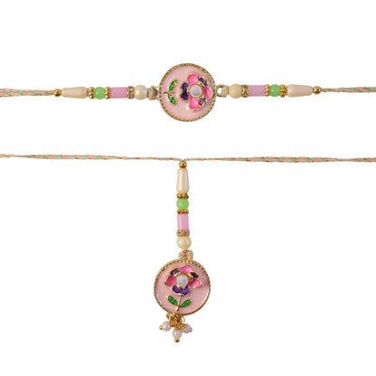 Pink Floral Kundan Bhaiya Bhabhi Lumba Rakhi with Pearls