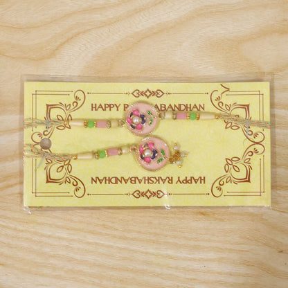 Pink Floral Kundan Bhaiya Bhabhi Lumba Rakhi with Pearls