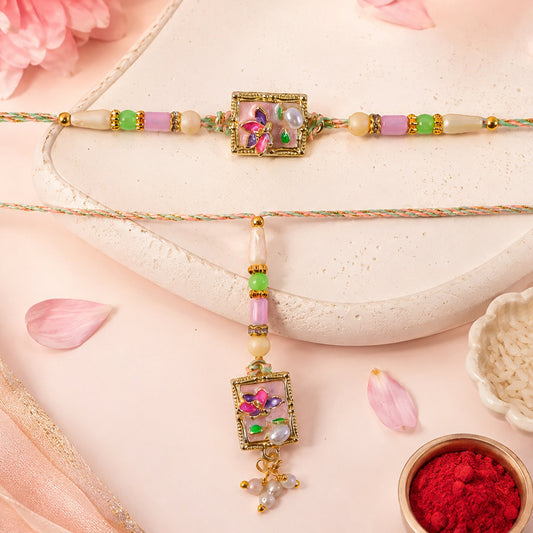 Green Floral Kundan Bhaiya Bhabhi Lumba Rakhi with Pearls