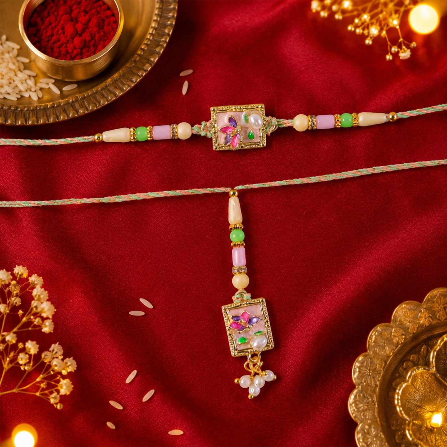 Green Floral Kundan Bhaiya Bhabhi Lumba Rakhi with Pearls