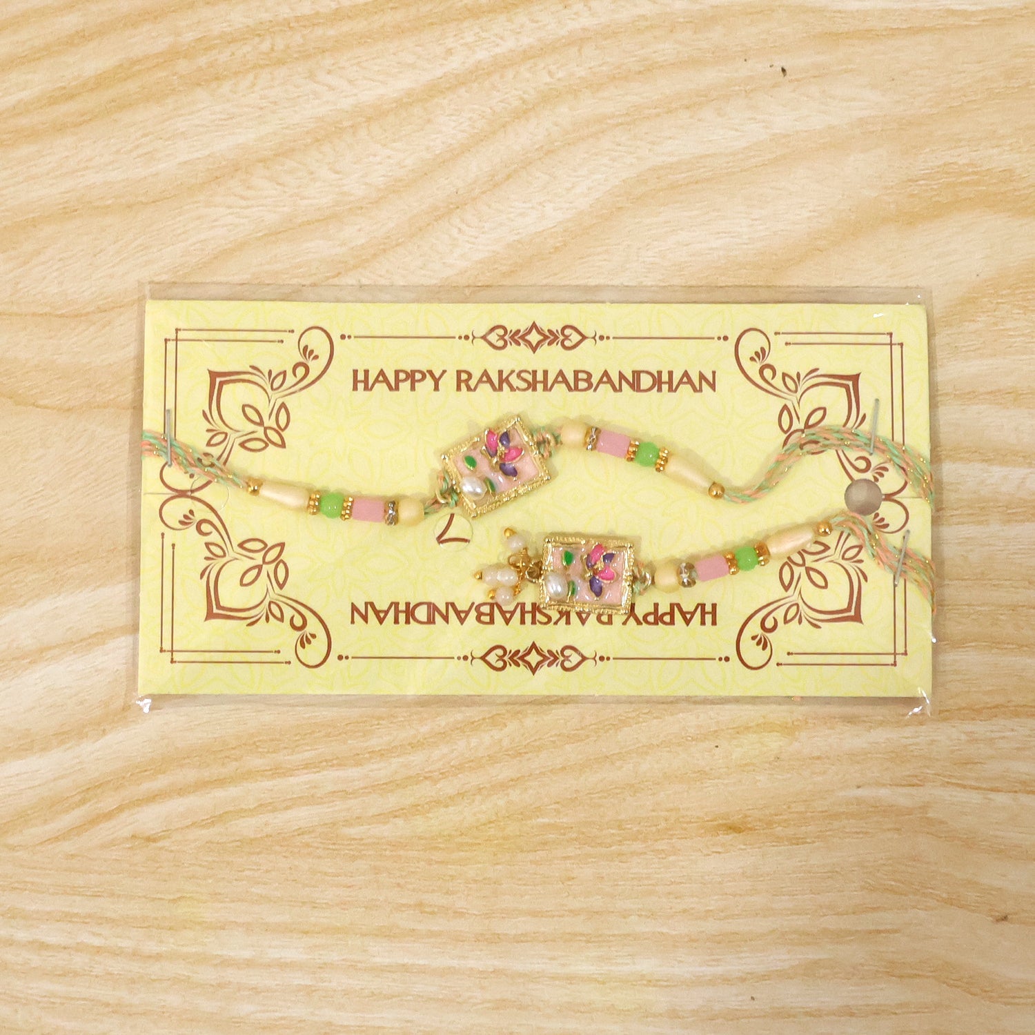 Green Floral Kundan Bhaiya Bhabhi Lumba Rakhi with Pearls