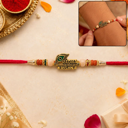 Radha Krishna Peacock Feather Stone Studded Gold Tone Rakhi for Brother