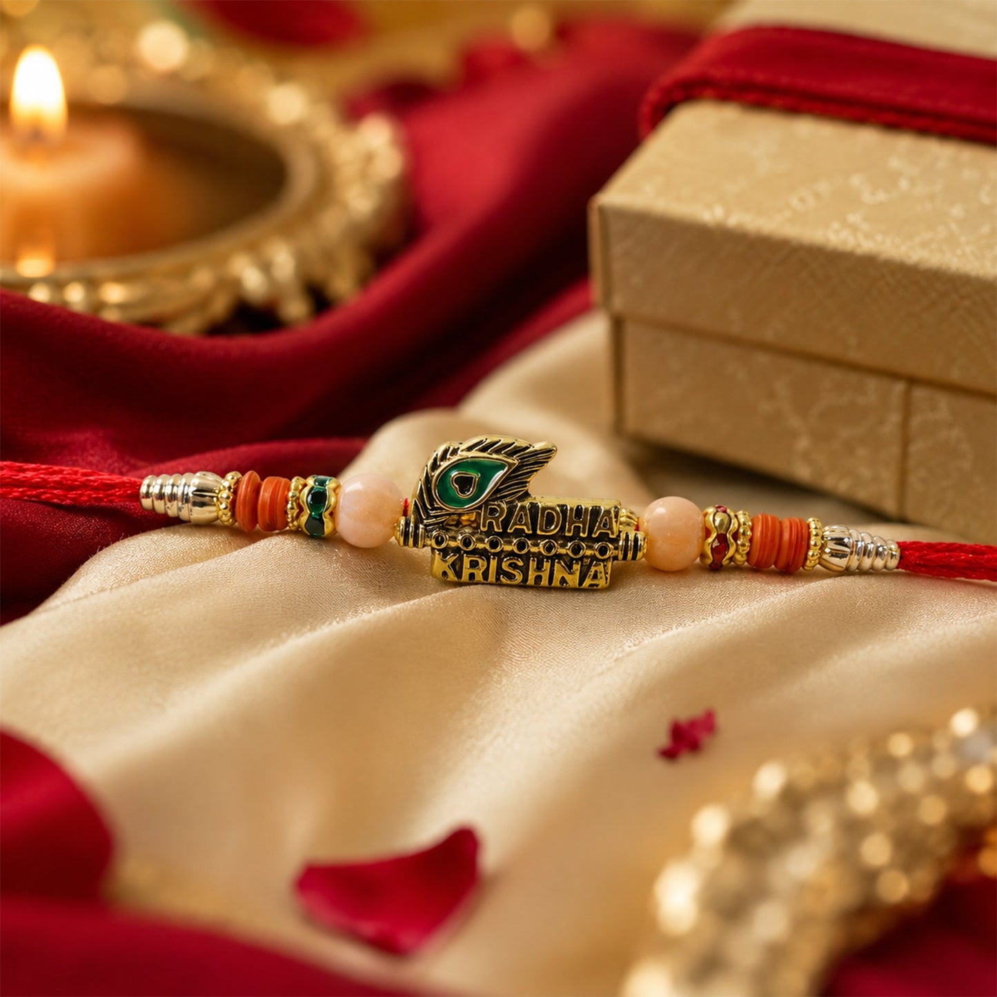 Radha Krishna Peacock Feather Stone Studded Gold Tone Rakhi for Brother